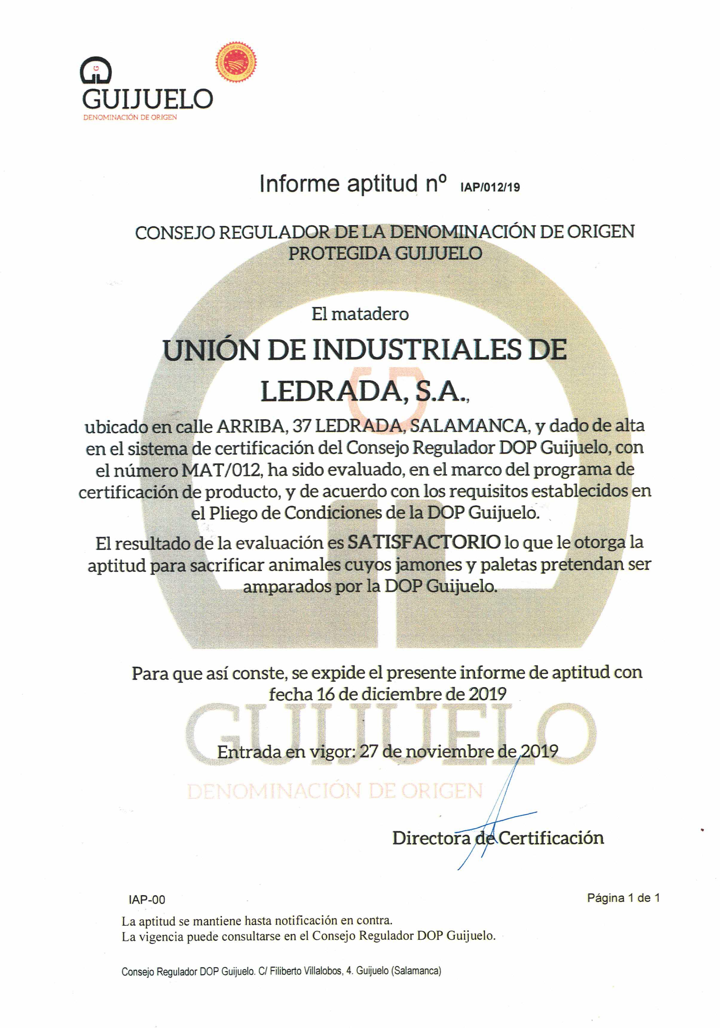 Certificado para la DOP Guijuelo
